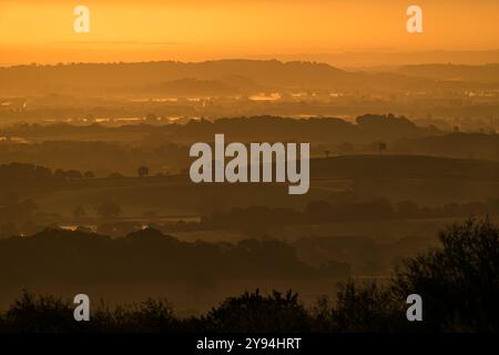 Atemberaubende Aussicht von den Quantock Hügeln kurz vor Sonnenaufgang mit Blick ins Landesinnere in Richtung Südosten mit Schichten von sanften Hügeln, Bäumen und niedrig liegenden Nebel Stockfoto