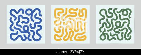 Labyrinth-Banner-Set mit gewellten, kräftigen Pinselstrichen. Quadratische abstrakte geometrische Linien Poster, Wandkunst. Stock Vektor