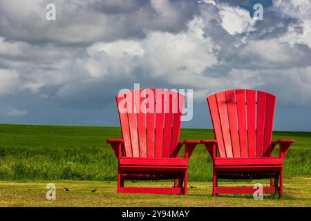 Dieses Bild voller Kopierraum von zwei riesigen Red Adirondack Stühlen, die auf einem grünen Feld unter bewölktem Himmel in Texas City, Texas, USA sitzen Stockfoto