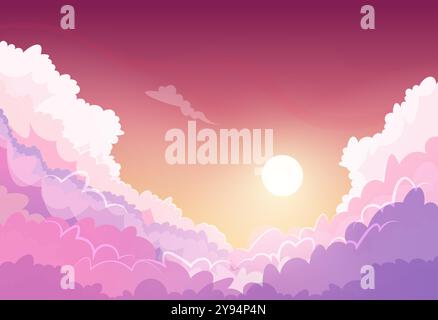 Anime-Stil Sonnenuntergang, wolkige Himmelsszene mit Sonnenschein und lila flauschigen Wolken. Sonniger Tag Dämmerung Himmel Cartoon Vektor Illustration. Stock Vektor