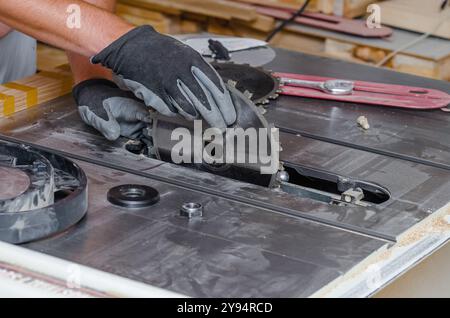 Zimmermann ersetzt eine Kreissäge in einer Werkzeugmaschine. Austausch der Säge in der Tischlerei Stockfoto