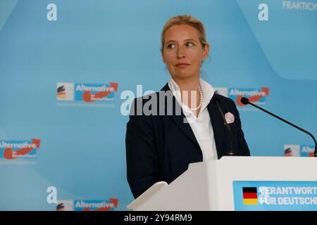 Berlin, Deutschland, 8. Oktober 2024. Dr. Alice Weidel, Vorsitzende der AfD-Fraktion, während einer Pressemitteilung vor einer Fraktionssitzung im Deutschen Bundestag. Quelle: Jürgen Nowak/Alamy Live News Stockfoto