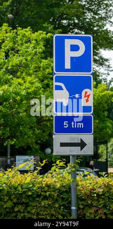 Ein Parkschild zeigt Symbole für das Aufladen von Elektrofahrzeugen und eine Zeitbegrenzung von fünf Stunden, umgeben von üppigem Grün in einer städtischen Umgebung Stockfoto