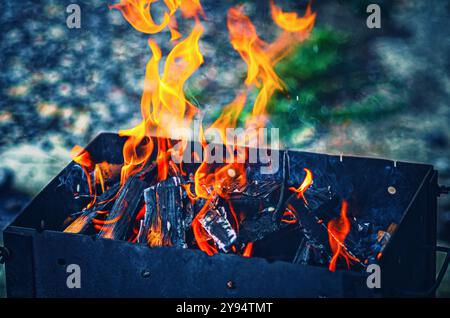 Herd in einer Metallbrause. Ein Feuer zum Kochen von Barbecue anzünden. Stockfoto