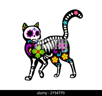 Totes Halloween-Skelett, mexikanischer Tag des toten Katzentiers Tattoo. Vector Dia de Los Muertos Kätzchen-Schädelfigur mit reichen Mustern und Knochen feiert die Erinnerung an verstorbene Katzen Stock Vektor