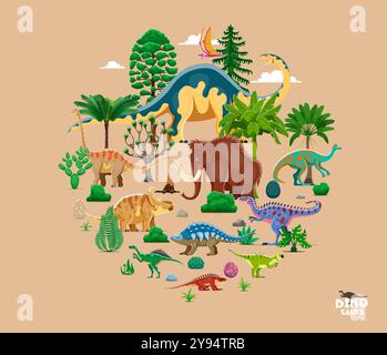 Prähistorische Dinosaurier-Zeichentrickfiguren. Vector Dino Tierreptilienarten in runder Form inmitten einer üppigen Landschaft aus jurassischer oder mesozoischer Zeit mit Palmen, Farnen, Eiern, Kakteen und Felsen Stock Vektor