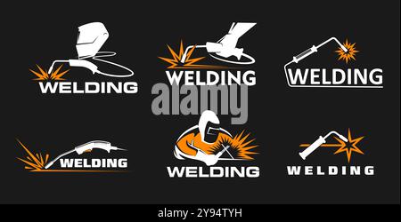 Schweißsymbole, Schweißwerkzeuge mit Funkenvektorsilhouetten. Schweißarbeiter mit Gas-Metall-Lichtbogenschweißmaschinenbrennern, Schutzmasken und Handschuhen Symbole setzen Schweiß- und Schneidwerkstatt Stock Vektor