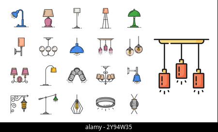 Lampen-Farblinien-Symbole. Halogen- und Taschenlampe, Laterne und Kronleuchter, Kerze und Spotlight, Vektorumrisse Wohnbeleuchtung und Straßenbeleuchtung Set. Tisch-, Wand-, Bodenständer- und Deckenleuchten Stock Vektor