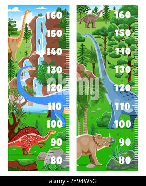 Kinder-Höhendiagramm mit Dinosauriern und lustigen Zeichentrick-Dino im Jurassic Park, Vektor-Hintergrund. Kindergröße hart- oder Babywachstum messen mit prähistorischen süßen Dinosauriern und Echsenreptilien im Dschungel Stock Vektor