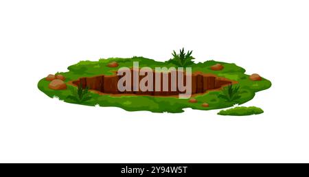 Schmutzige Grube oder tiefes Erdloch im Erdboden mit Gras und Steinen, Zeichentrickvektor. Graben Sie Grubenhohlen oder unterirdische Grubenlöcher Graben Sie von Murmeltieren oder Murmeltieren auf Gartenwiese oder Waldland Stock Vektor