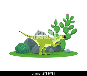 Psittacosaurus Cartoon prähistorische Dinosaurierfigur. Isolierte Vektorherbivore Ceratopsisches Reptilientier in natürlicher Umgebung mit Fels- und Kakteen-Pflanzen. Antike Eidechse aus der frühen kreidezeit Stock Vektor