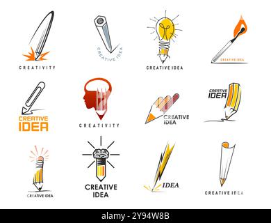 Kreative Ideen für Design und Bildung. Vektorbleistift, Glühlampe, intelligente Macht Gehirn und Geist, Blitz, menschlicher Kopf und passen Sie mit Feuerflammensymbolen kreativer Idee und genialer Lösung zusammen Stock Vektor