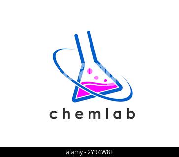 Wissenschaftslabor Ikone des Vektorlabors Glasflasche. Symbol für chemische und biotechnologische Forschungslaboratorien mit Reagenzglas oder Becher, Blasen und Dampfwirbel. Themen der Chemie, Medizin, Biologie Stock Vektor