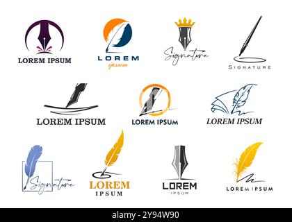 Quill-Symbole mit Federstift. Gesetze, Notare oder Schriftstellersymbole mit Vektortinte und Federfedern, Buchseiten und Goldkrone. Kalligraphie-Unterschrift, Literatur, Bildung, Poesie und Anwaltszeichen Stock Vektor