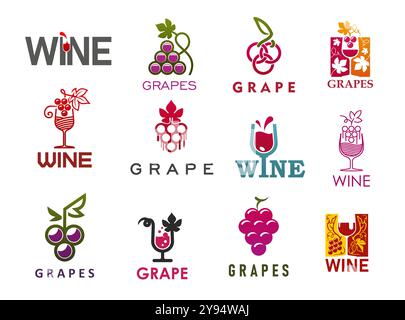 Weinweinsymbole, Weingut und Weinberg Vektor-Symbole mit Gläsern, Trauben, Reben und Blättern. Flaschenetiketten für alkoholische Getränke für Weinbar, Restaurant, Weinkellerei oder Geschäft mit Weingläsern und Spritzern Stock Vektor