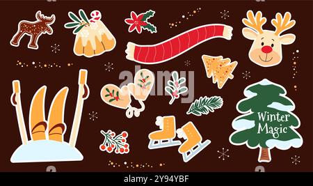 Farbenfrohe handgezeichnete Aufkleber im Winter. Weihnachtsvektor Illustration Set. Stock Vektor