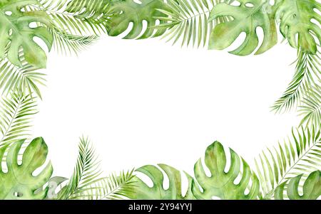 Tropische Blätter Banner auf weißem Hintergrund. Die Abbildung ist handgezeichnet mit Aquarell. Geeignet zum Erstellen von Postkarten, Textilien und Drucken Stockfoto