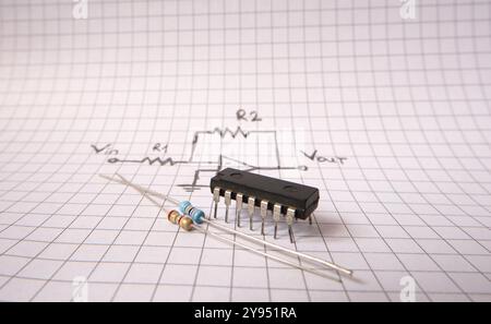 Elektronische Bauteile auf der Akircuitzeichnung. Industrieprojekte oder Ingenieurausbildung. Operationsverstärker. Stockfoto