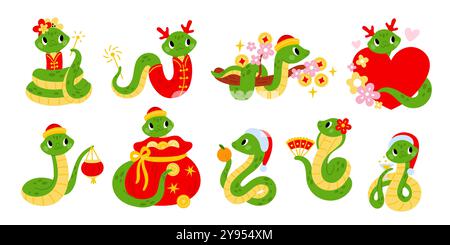 Niedliche Schlangenfiguren. Symbol für das neue Jahr 2025. Chinesisches Neujahrsmaskottchen. Grüne Schlange mit Weihnachtsmütze und Geldbeutel. Horoskop sig Stock Vektor