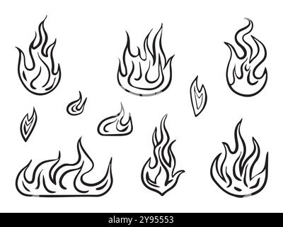 Flammen-Silhouette. Detaillierter Flammendruck für T-Shirt, Banner und Logo. Flammenbild isoliert auf weißem Hintergrund. Vektorabbildung. Stock Vektor
