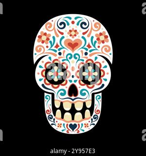Farbenfroher, dekorativer Zuckerschädel, der die Dia de los Muertos-Feier darstellt. Stock Vektor