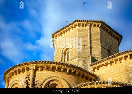 Detail der romanischen Kirche San Martín de Tours in Frómista, Palencia, Castilla y León, Spanien mit Sonnenaufgangslicht Stockfoto