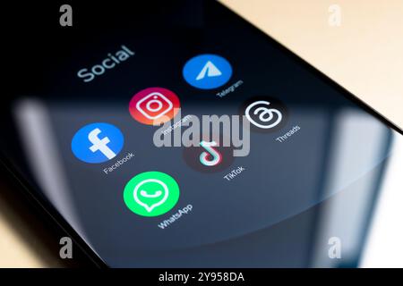 Oktober 2024, Brasilien. In dieser Fotoabbildung wird das Logo der Apps Facebook, Instagram, WhatsApp, TikTok und Threads auf einem Smartphone angezeigt Stockfoto