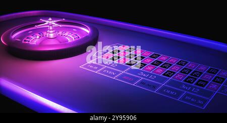 Violettes Roulette mit Neonlichtern. Casino-Online-Spiele-Konzept mit leuchtenden Farben. Eine Fantasy 3D Illustration Wettvorlage Stockfoto