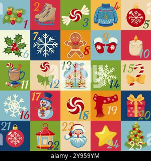 Illustration des Adventskalenders mit 25 bunten Quadraten, jedes mit einem einzigartigen Weihnachtsmotiv. Für saisonales Design, Urlaubsprojekt und Stock Vektor