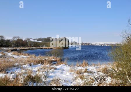 Blick über den Hollingworth Lake an einem kalten Februartag. Der See ist ein beliebtes Ziel für Spaziergänge und Wanderungen. Es ist für alle Altersgruppen geeignet. Stockfoto