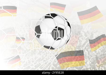Die deutsche Fußballnationalmannschaft erzielte ein Tor. Ball im Tornetz, während Fußballfans die deutsche Flagge im Hintergrund schwenken. Vektorillus Stock Vektor