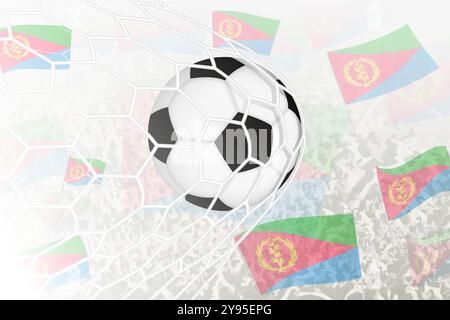 Die Nationalmannschaft von Eritrea erzielte ein Tor. Ball im Tornetz, während Fußballfans die Flagge Eritreas im Hintergrund schwenken. Vektorillus Stock Vektor