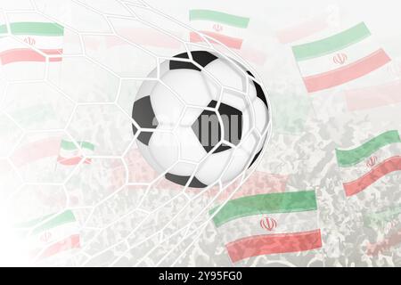 Die iranische Fußballnationalmannschaft erzielte ein Tor. Ball im Tornetz, während Fußballfans die iranische Flagge im Hintergrund schwenken. Vektorillustratio Stock Vektor