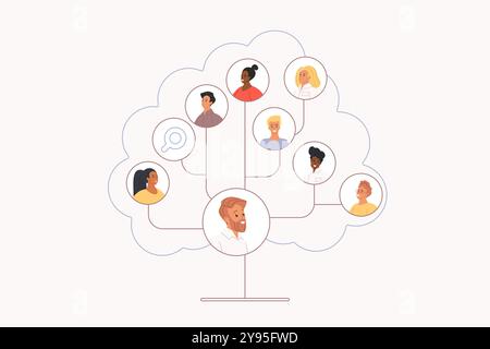 Unternehmensstruktur und Organisation des Geschäftsteams, Hierarchiediagramm auf abstrakter Baumvorlage. Boss Arbeitgeber- und Mitarbeiterprofile auf Organigramm Karikaturvektor Illustration Stock Vektor