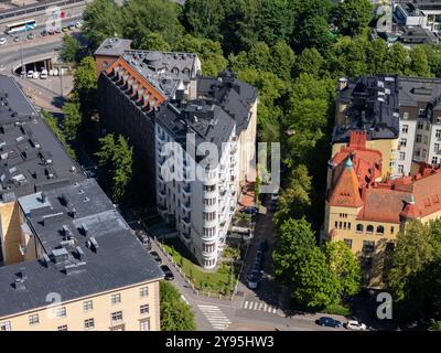 Der Stadtblock von Helsinki mit der lokalen Version des Flatiron-Gebäudes aus der Luft Stockfoto