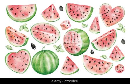 Aquarellset Illustrationen geschnittene Wassermelone, Minzblätter Clip Art isolierter Hintergrund. Handgezeichnet von hellen Stücken und Scheiben Melone von Eis, c Stockfoto