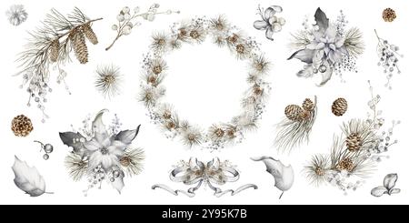 Aquarellset Weihnachtsdekoration. Weihnachtsclipart. Illustration zum Neujahr. Tannenzweige, Stechpalmenbeere, Vogel, Beerenkranz Stockfoto