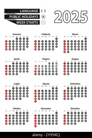 Italienischer Kalender 2025 mit Zahlen in Kreisen, die Woche beginnt am Sonntag. 2025 mit der Flagge Italiens. Vektorabbildung. Stock Vektor