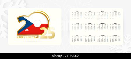 Horizontaler Taschenkalender 2025 in tschechischer Sprache. Neujahrssymbol 2025 mit Flagge der Tschechischen Republik. Vektorkalender. Stock Vektor