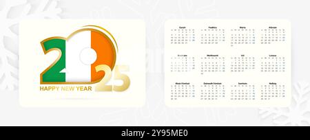 Horizontaler Taschenkalender 2025 in irischer Sprache. Neujahrssymbol 2025 mit Flagge Irlands. Vektorkalender. Stock Vektor