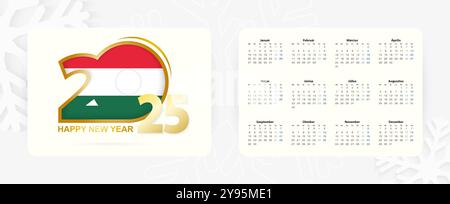 Horizontaler Taschenkalender 2025 in ungarischer Sprache. Silvester 2025 Ikone mit Flagge Ungarns. Vektorkalender. Stock Vektor