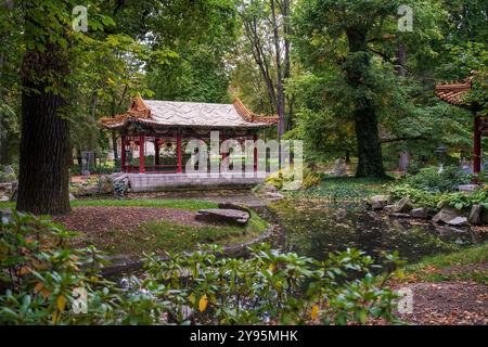 Ein malerischer chinesischer Pavillon, eingebettet in einen üppigen Garten, umgeben von ruhigem Wasser und dichtem Grün, spiegelt eine Atmosphäre der Ruhe wider Stockfoto