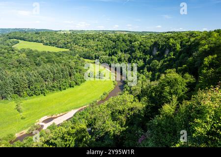 Der Fluss Wye schlängelt sich unter bewaldeten Kalksteinhügeln bei Symonds Yat an der Grenze zwischen Gloucestershire und Herefordshire. Stockfoto