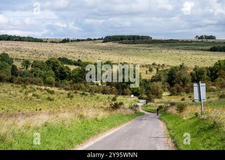 Ein Radfahrer bestieg einen Hügel auf einer Landstraße durch die Imber Range, ein Trainingsgebiet der British Army auf der Salisbury Plain in Wiltshire. Stockfoto