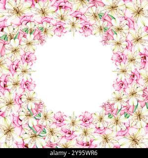 Blumenkranz aus weißen und rosa Blumen. Aquarellrahmen von Lilie und Alstroemeria. Komposition mit Lilien Nahaufnahme. Botanische Illustration der Blumen Stockfoto