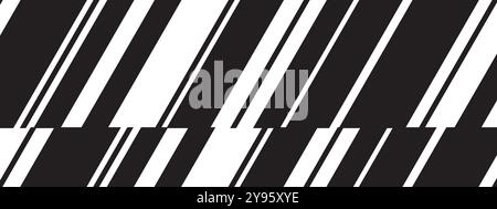 Schräge Parallelstreifen unterschiedlicher Dicke. Schräge schwarze und weiße Linien im Hintergrund. Einfache gestreifte Textur. Geometrisch-dynamischer Druck mit geneigtem Design Stock Vektor