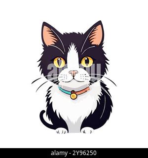 Niedliche schwarz-weiße Katze mit gelben Augen und rotem Schal im Cartoon-Stil auf weiß Stock Vektor