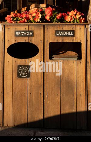 Zwei öffentliche Behälter zum Recycling und zur Mülldeponie auf dem Bürgersteig an der State Street in Santa Barbara, Kalifornien. Stockfoto