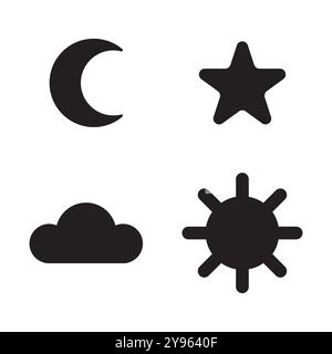 Wetter und himmlische Symbole. Mond-, Stern-, Wolken- und Sonnensymbole. Einfache schwarze Formen. Vektorgrafik. Stock Vektor