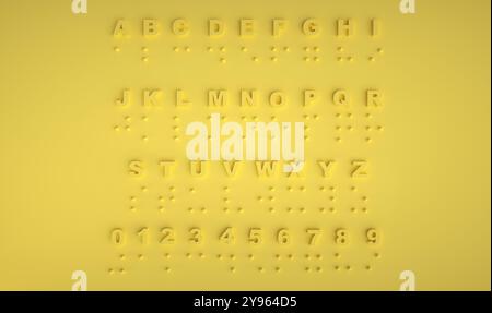 Alphabet in BRAILLE-SCHRIFT auf gelbem Hintergrund. Punkte auf gelbem Hintergrund. 3D-Abbildung Stockfoto